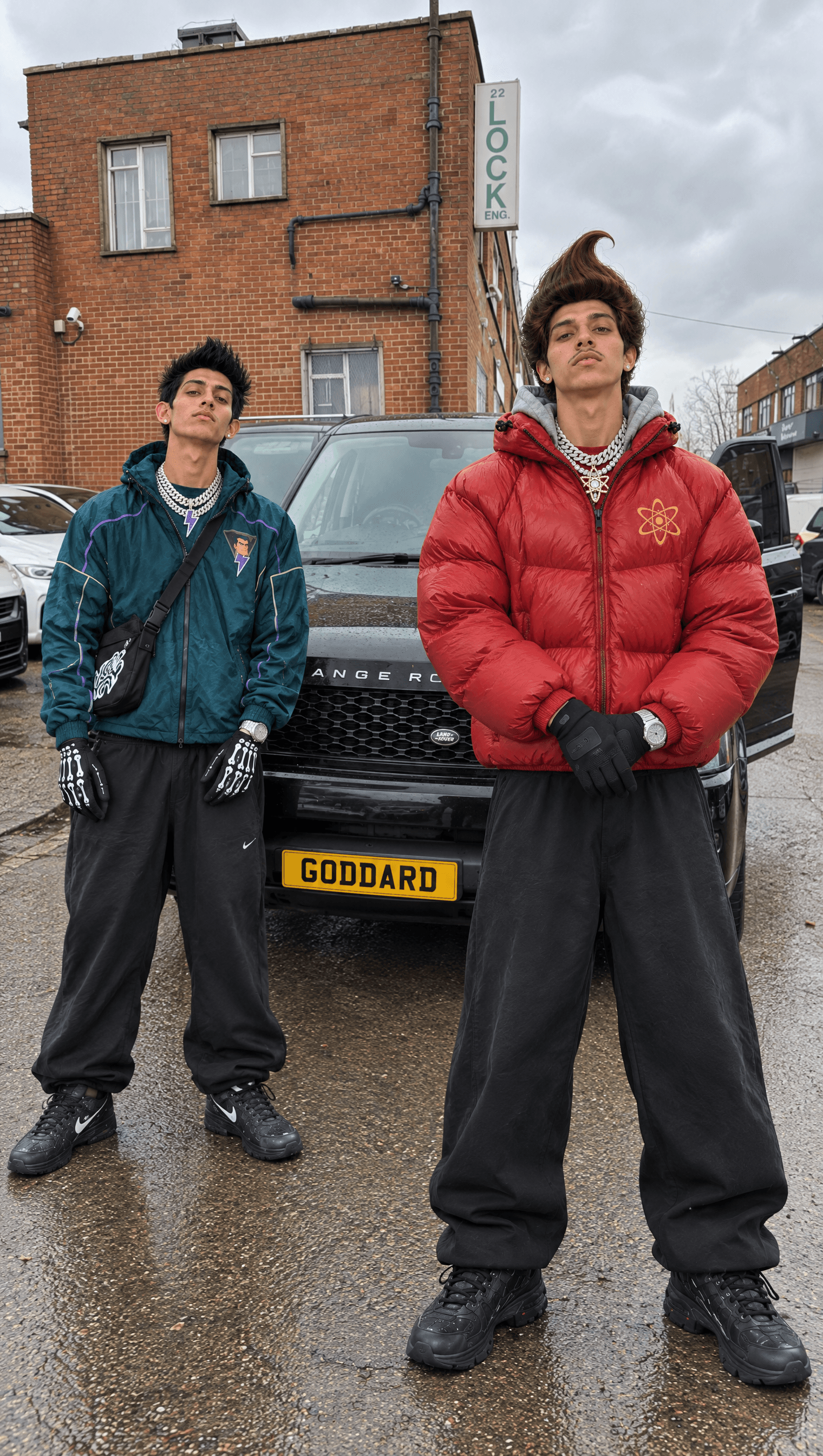 Jimi wearing the red puffer that inspired the collection