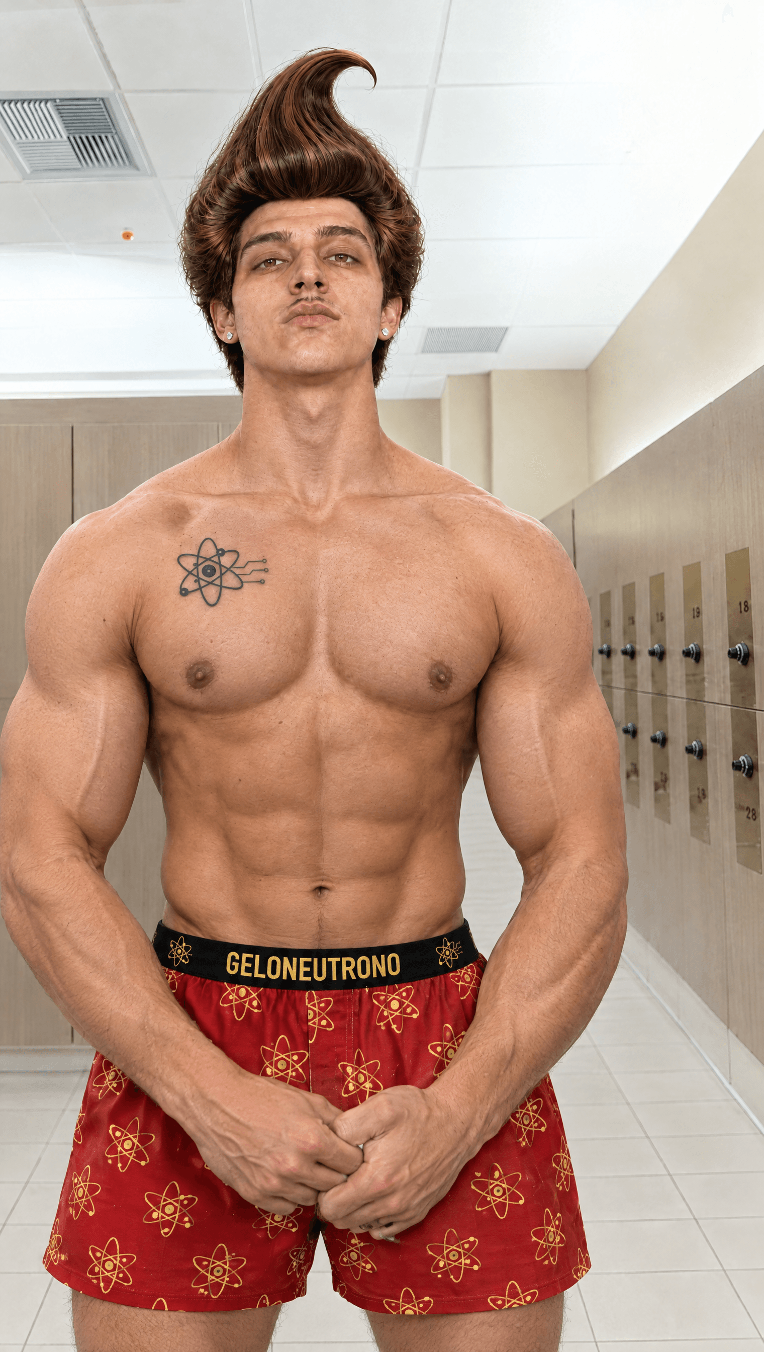 Jimi wearing red atom-print boxer shorts with a black GELONEUTRONO waistband, the inspiration for this concept